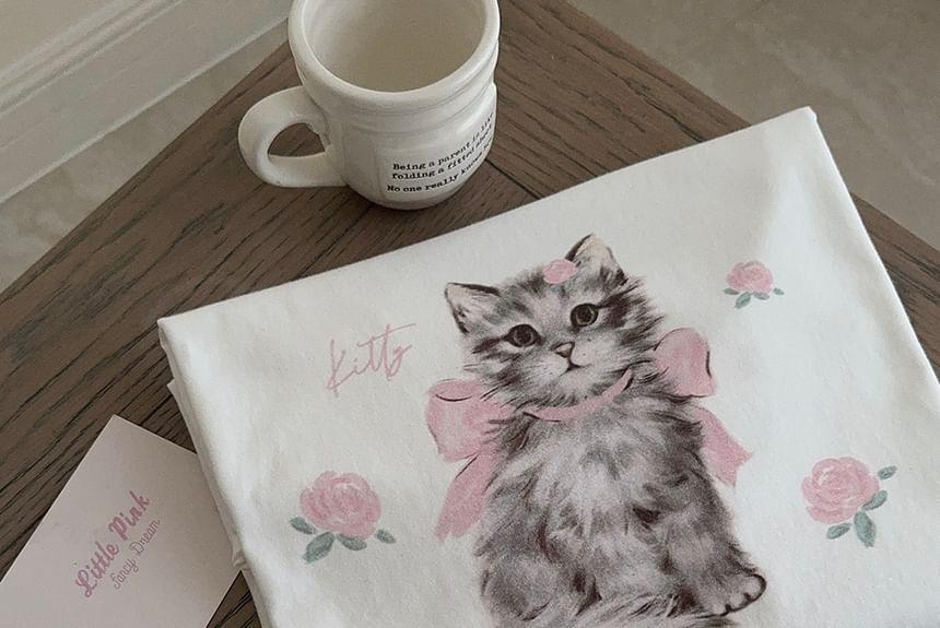 Short-Sleeve Round Neck Cat Print T-Shirt Product Image