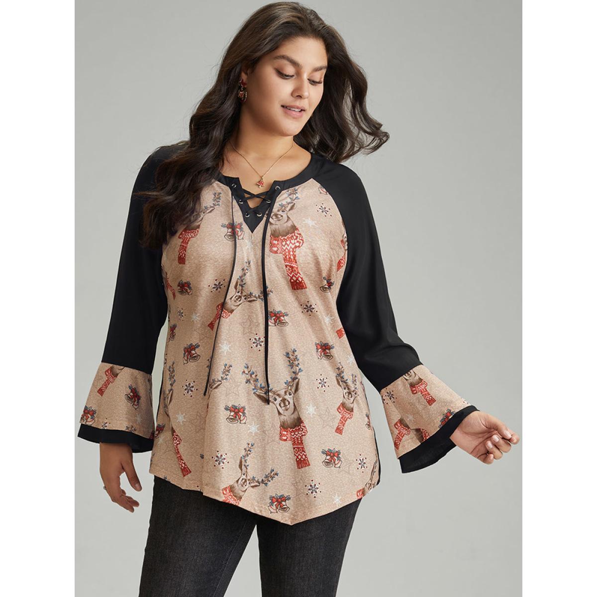Plus Size Black Christmas Print Ruffles Patchwork Bell Sleeve Lace Up Blouse Women Elegant Long Sleeve Tie Neck Festival-Christmas Blouses BloomChic 30/6X Product Image