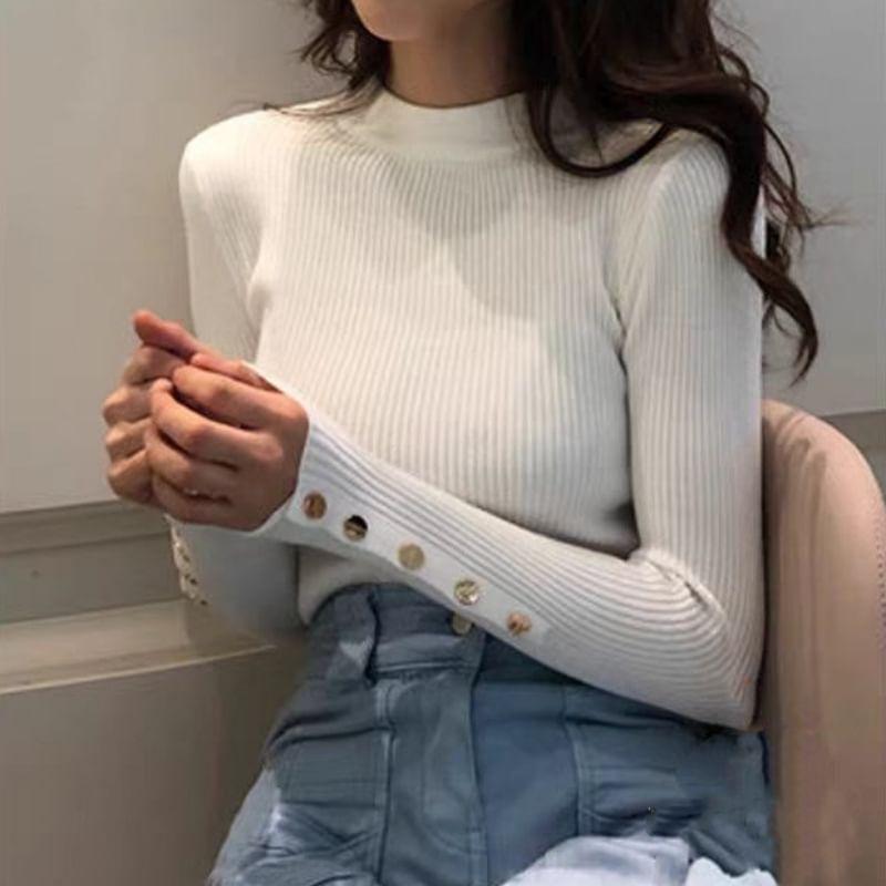 Long-Sleeve Crew Neck Plain Ribbed Knit Top Product Image
