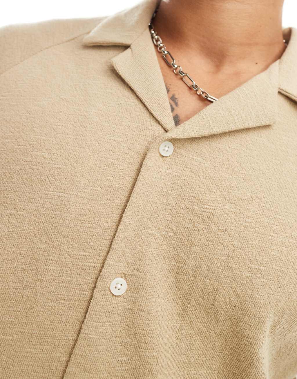 Jack & Jones oversized textured revere collar shirt in beige Product Image
