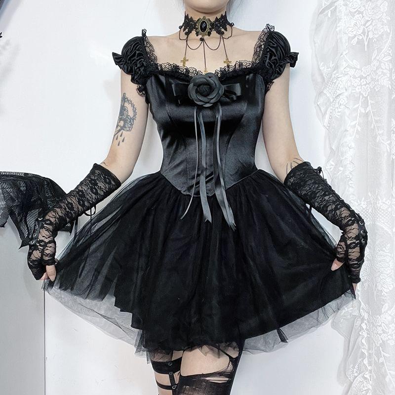 Off Shoulder Corset Waist Sheer Mini A-Line Dress Product Image