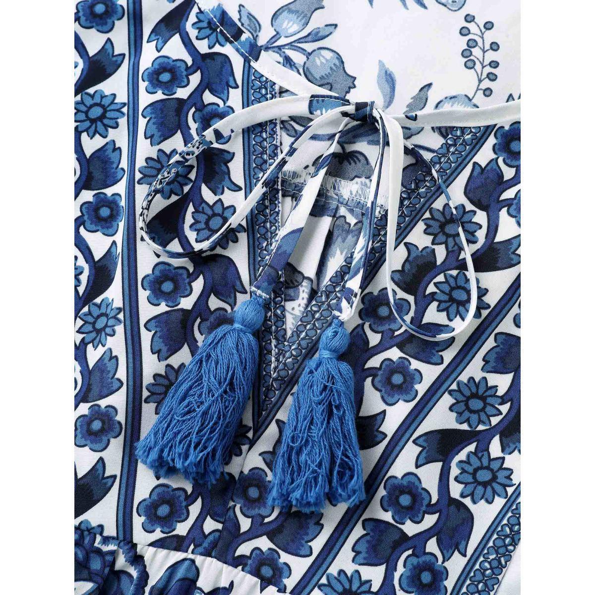 Plus Size Mediumblue Floral Print Neck Tassels Blouse Women Half Sleeve V-neck Everyday-Elegant Blouses BloomChic 10/M Product Image