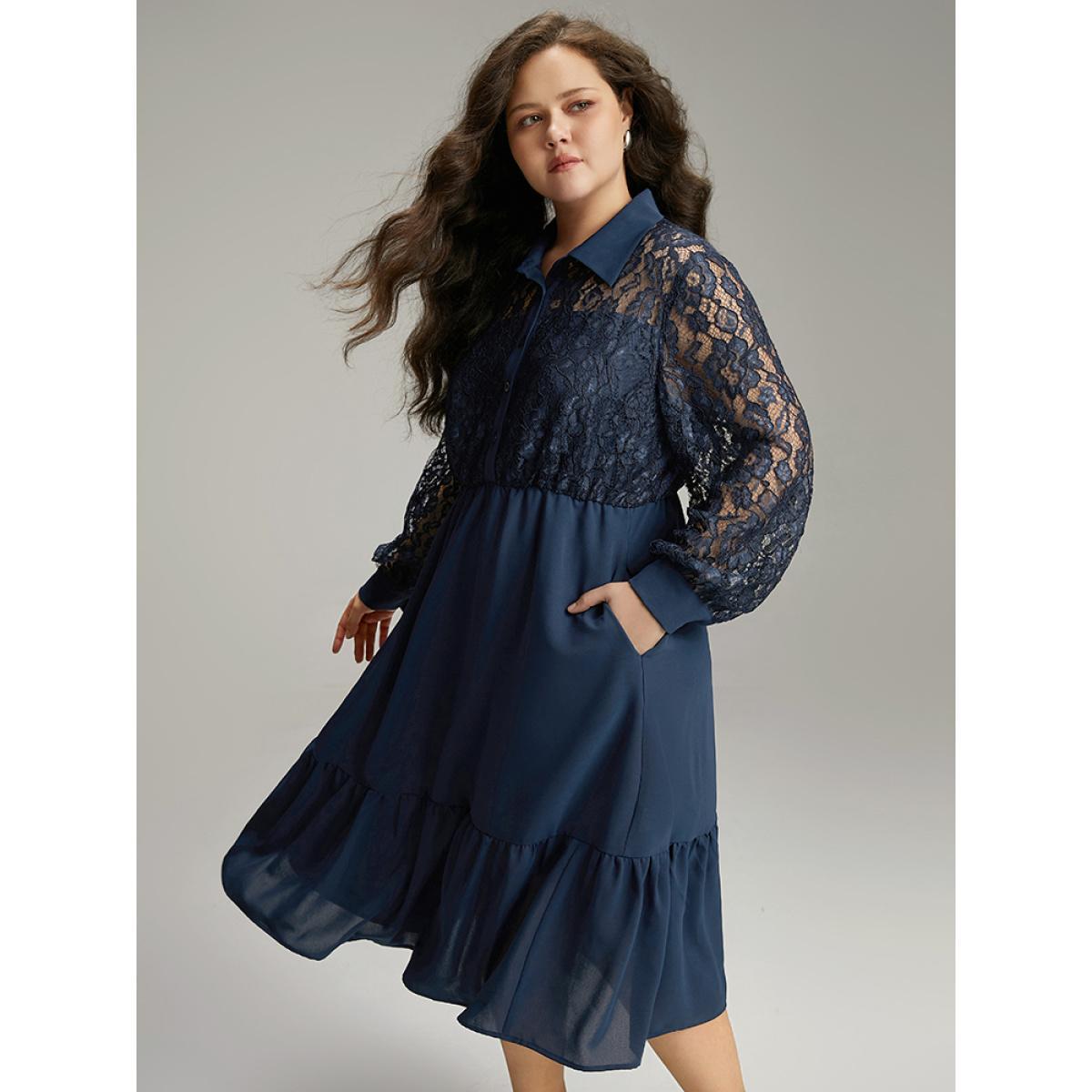 Plus Size Contrast Lace Shirt Collar Ruffle Hem Dress Indigo Women Office Plain Shirt collar Long Sleeve Curvy Midi Dress BloomChic 12/L Product Image