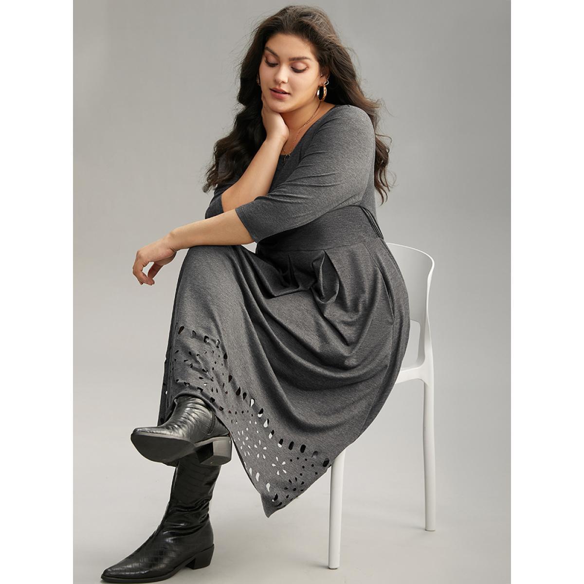 Plus Size Plain Elastic Waist Laser Cut Crew Neck Dress Gray Women Casual Plain Round Neck Elbow-length sleeve Curvy Midi Dress BloomChic 10/M Product Image