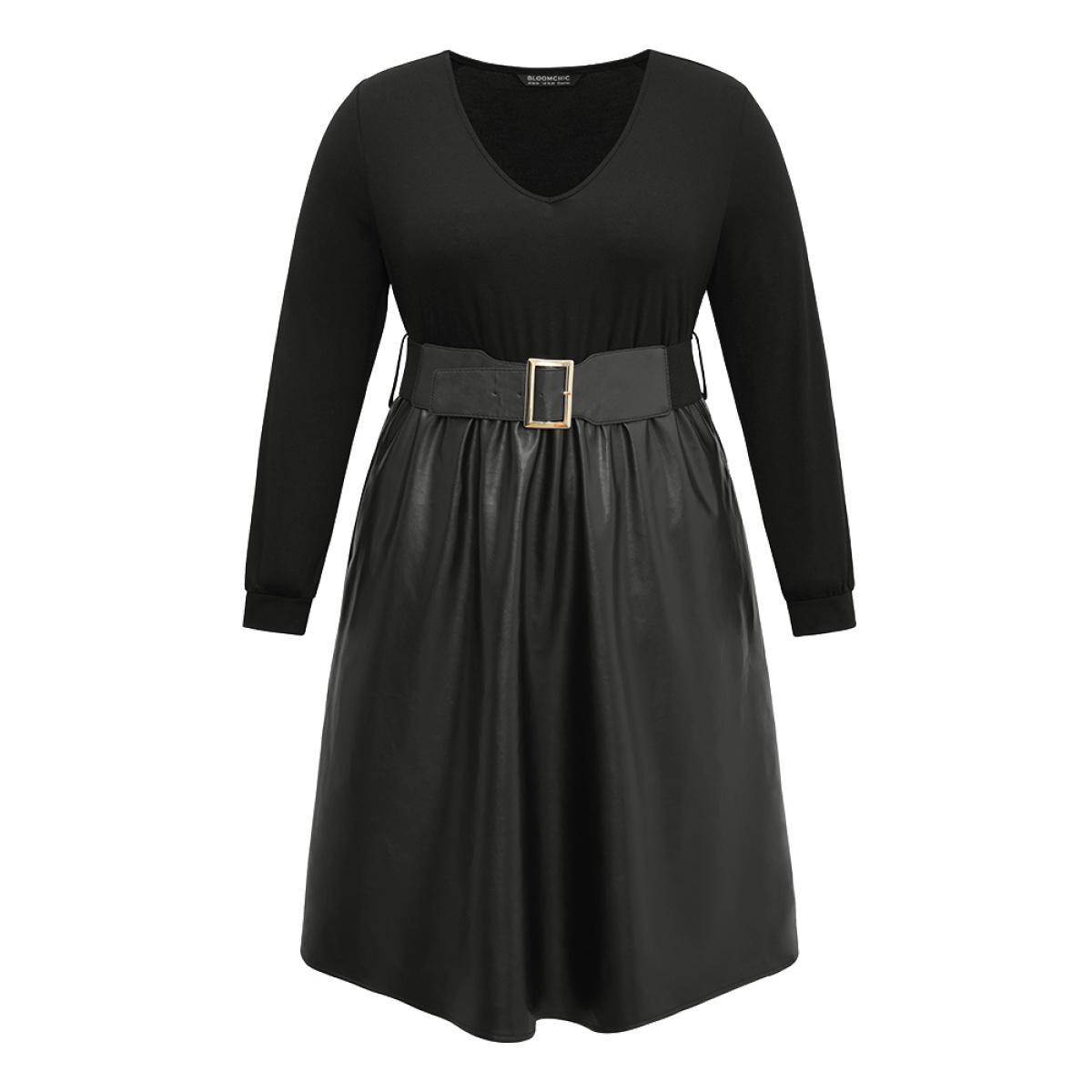 Plus Size PU Patchwork V Neck Dress With Belt Black Women Office Plain V-neck Long Sleeve Curvy Knee Dress BloomChic 12/L Product Image