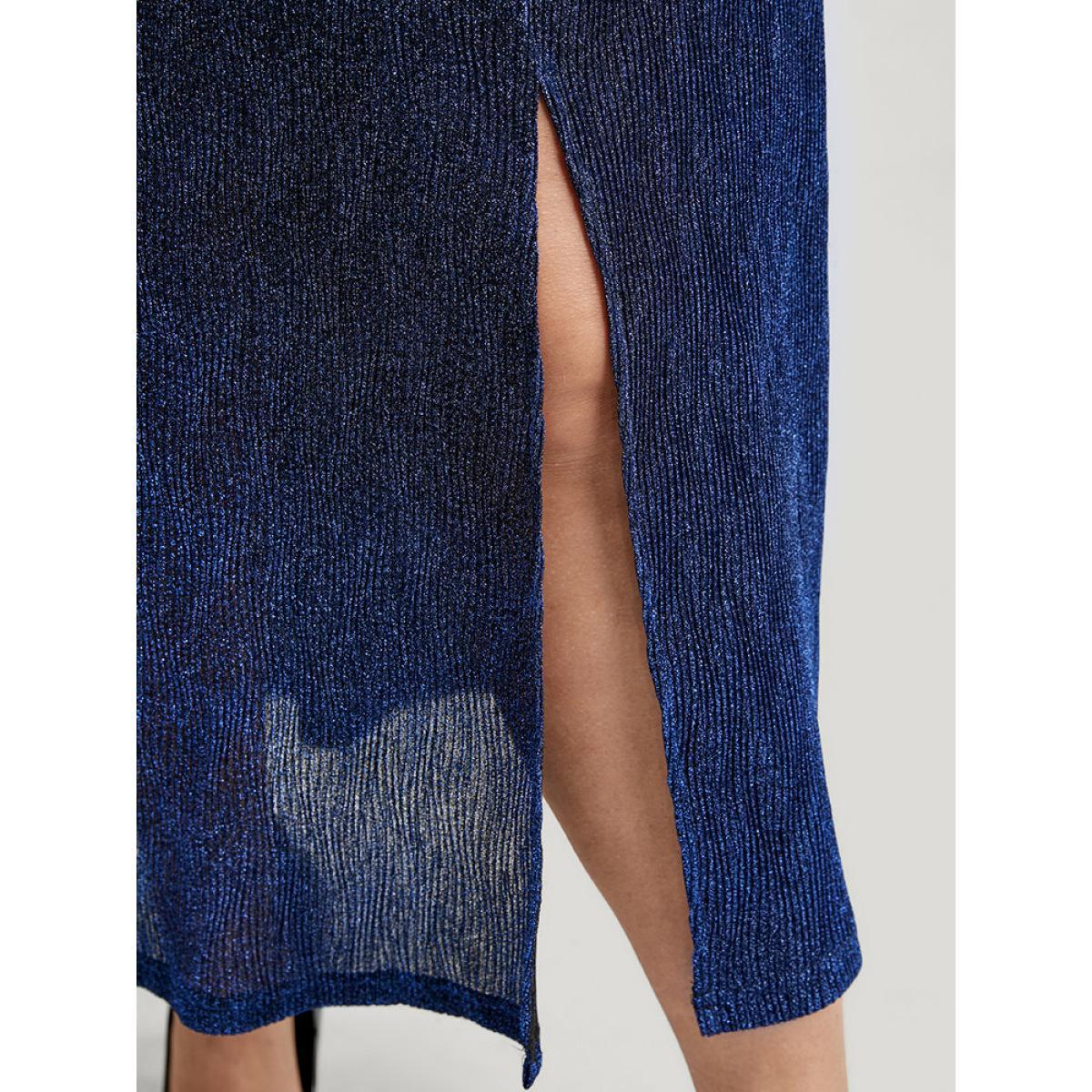 Plus Size Solid Lantern Sleeve Sequin Split Hem Dress DarkBlue Women Party Elastic Waist V-neck Long Sleeve Curvy Midi Dress BloomChic 18-20/2X Product Image
