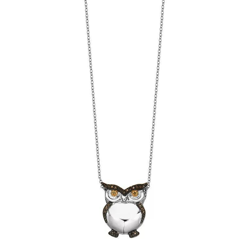 Rhodium-Plated Sterling Silver 1/8 Carat T.W. Diamond Owl Pendant Necklace, Women's, Size: 18" Product Image