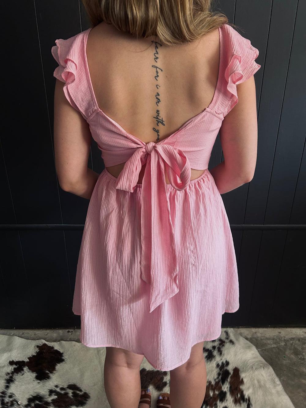 Pink Ruffled Sleeve Back Tie Mini Dress Product Image