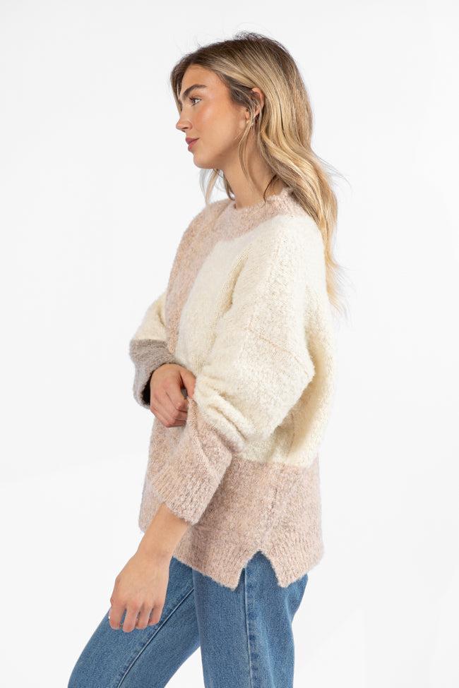 All On You Beige Multi Fuzzy Colorblock Mock Neck Sweater FINAL SALE Product Image