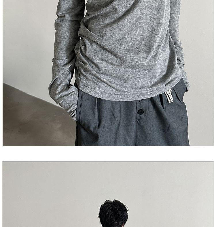 Long Sleeve Crew Neck Plain Ruched T-Shirt Product Image