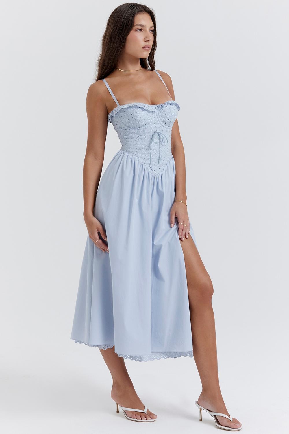 Jaime Soft Blue Cotton Broderie Anglais Midi SunDress Product Image