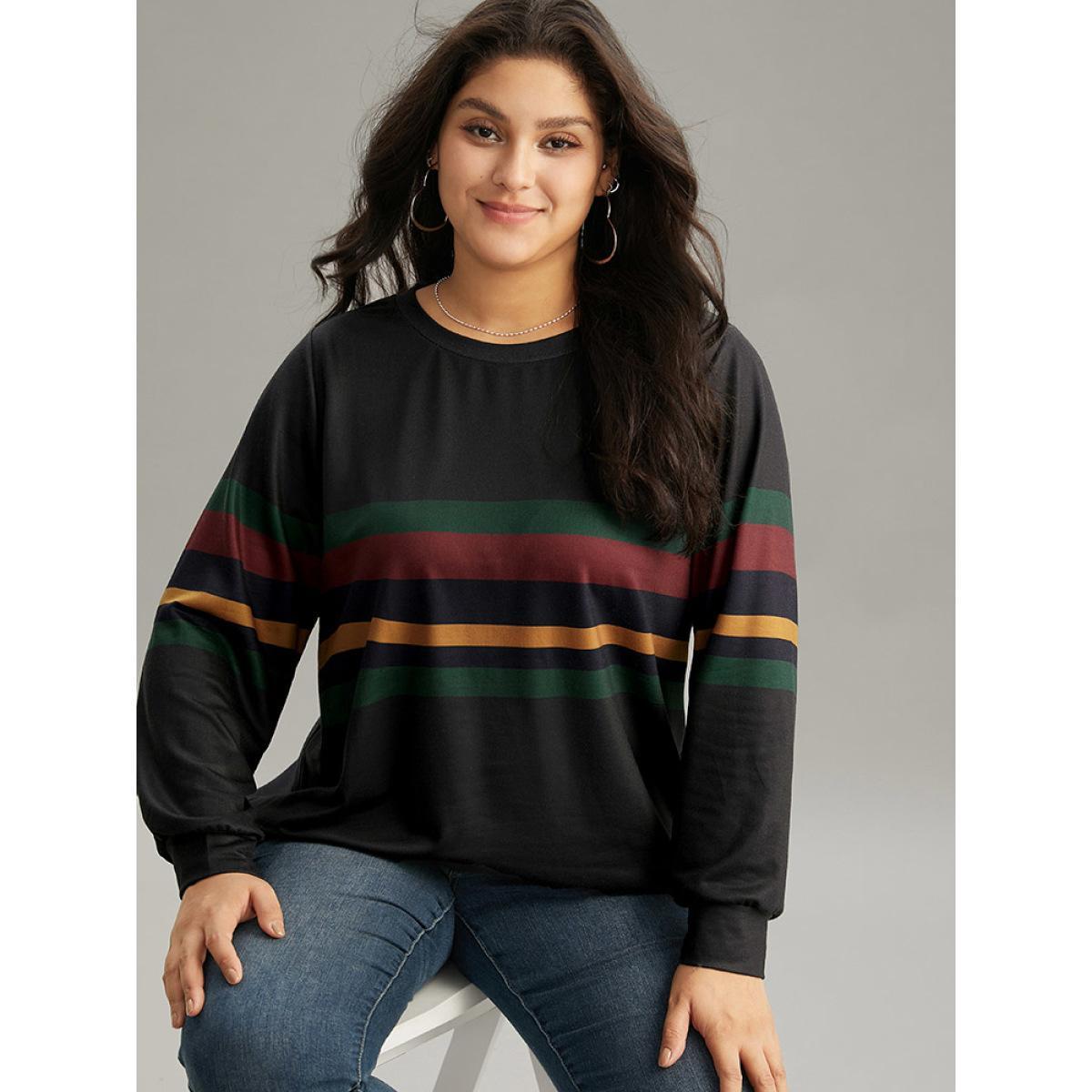 Plus Size Contrast Striped Basic Crew Neck Sweatshirt Women Black Casual Contrast Round Neck Dailywear Sweatshirts BloomChic 26/4X Product Image