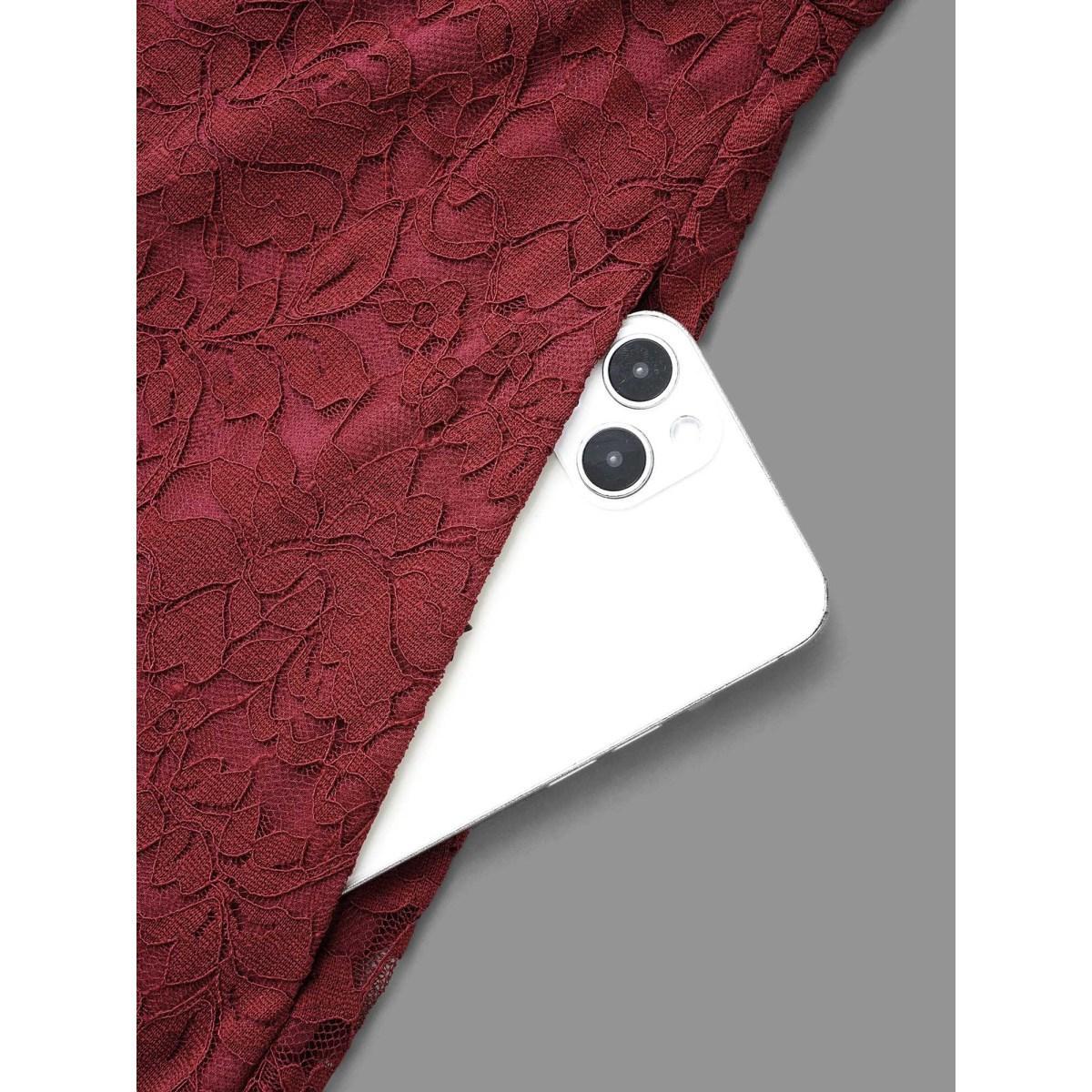 Plus Size Solid Lace Patchwork Lantern Sleeve Dress Burgundy Women Cocktail Woven ribbon&lace trim Party Curvy Bloomchic 28/5X Product Image
