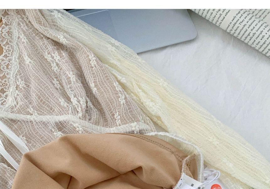 Long Sleeve V-Neck Bow Lace Overlay Top Product Image