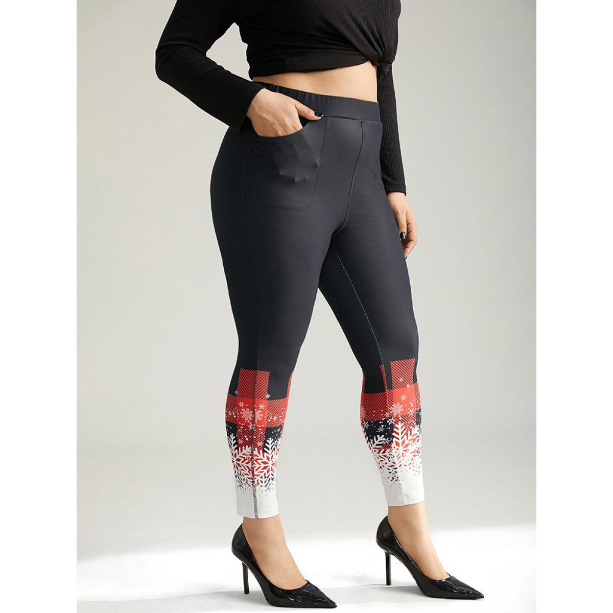 Plus Size Snowflakes Plaid Pocket Skinny Leggings Women Black Elegant High stretch Skinny High Rise Festival-Christmas Leggings BloomChic 12/L Product Image