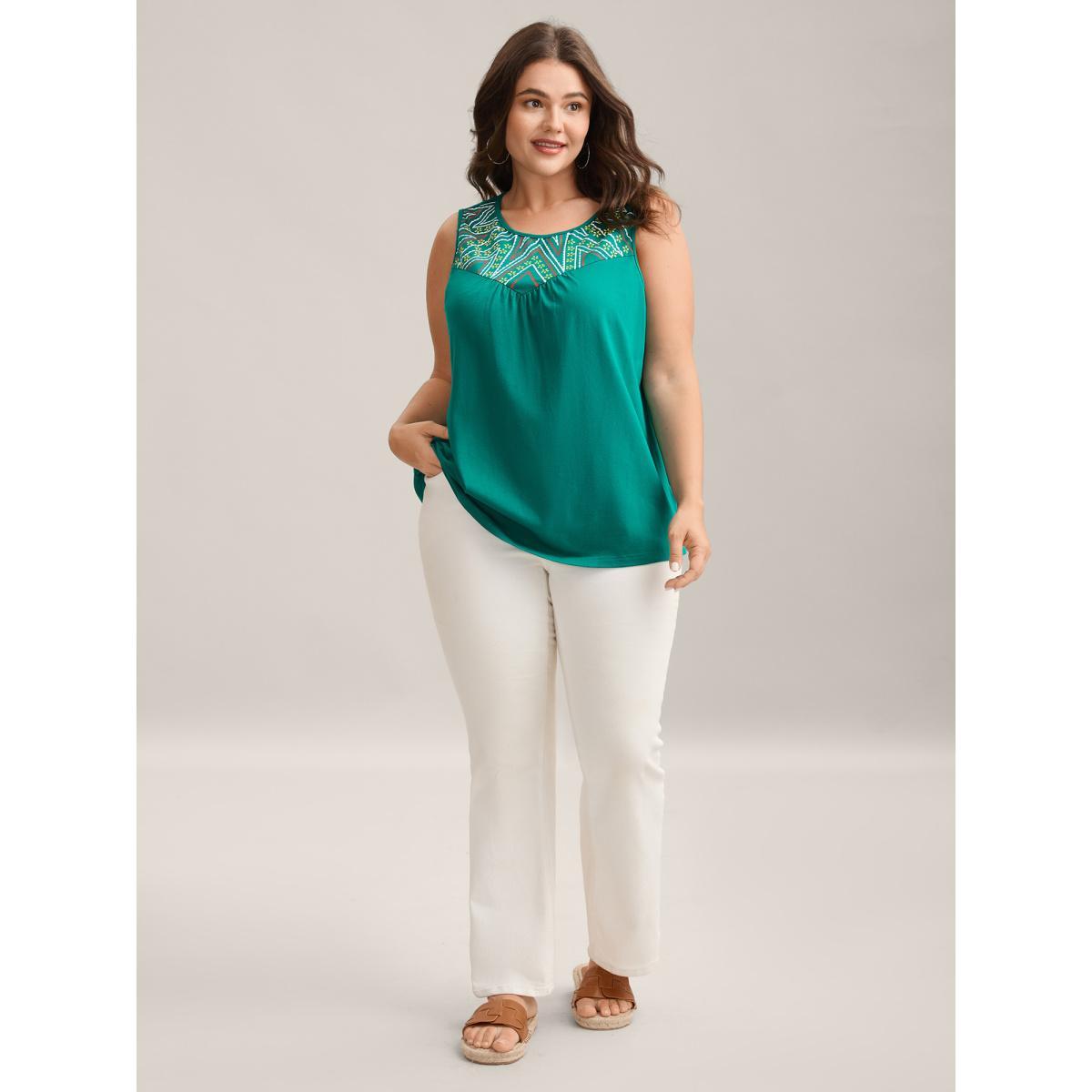 Plus Size Bamboo Cotton Stretchy 3D Print Tank Top Women Teal Gathered Round Neck Vacation Tank Tops Camis BloomChic 26/4X Product Image