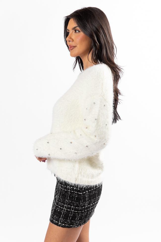 All That Glitters Rhinestone Sleeve Ivory Fuzzy Sweater FINAL SALE Product Image
