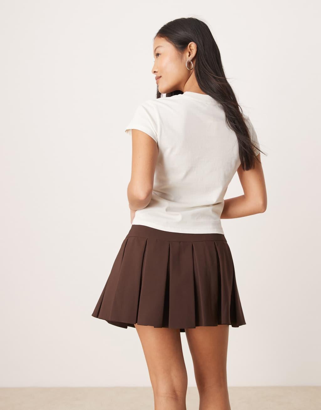 Miss Selfridge Petite pleated mini skirt in chocolate Product Image