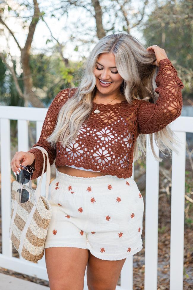 Pursuit Of Paradise Terracotta Cropped Crochet Sweater FINAL SALE Product Image