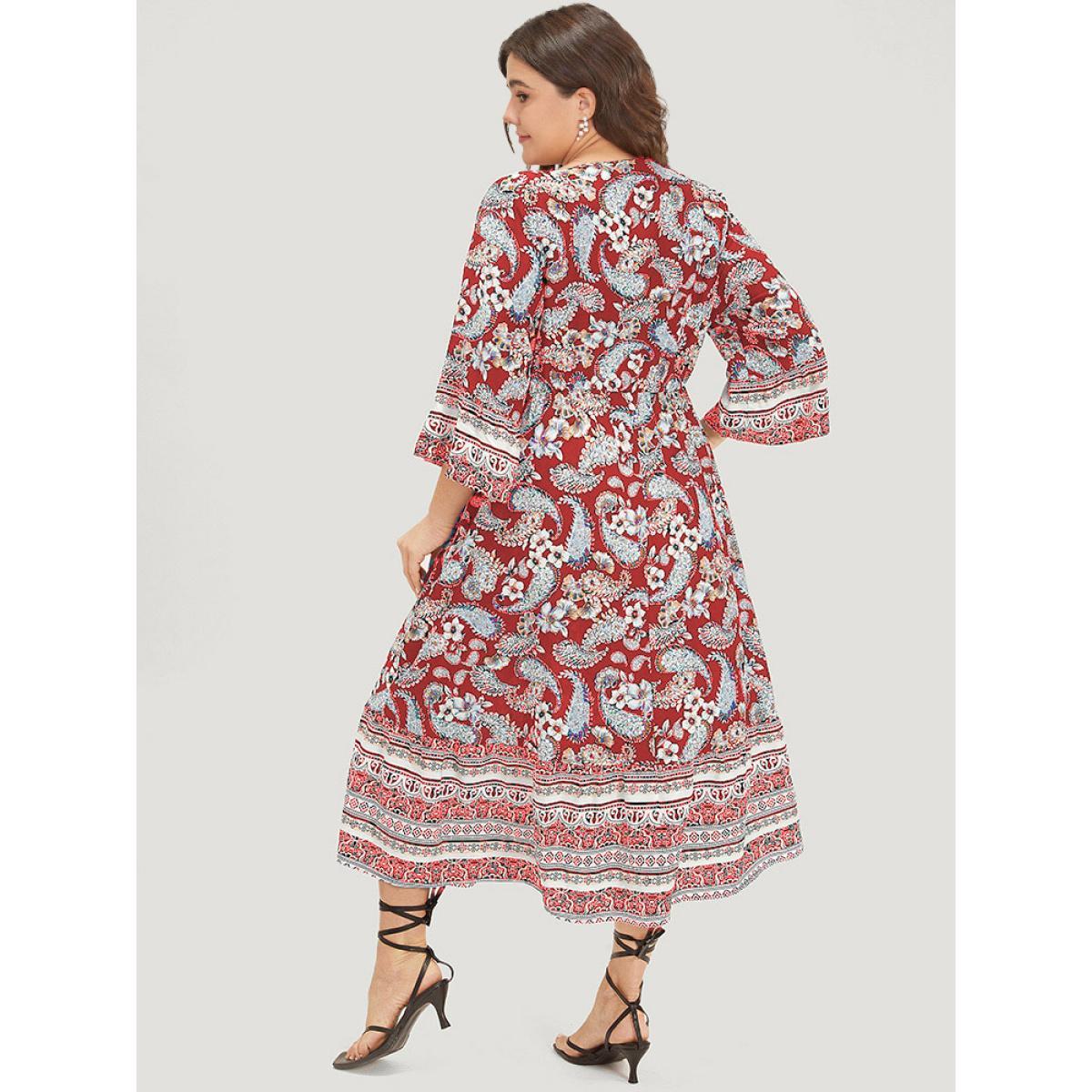 Plus Size Floral & Paisley Print Elastic Waist Button Detail Dress Crimson Women Vacation Printed V-neck Elbow-length sleeve Curvy Midi Dress BloomChic 30/6X Product Image