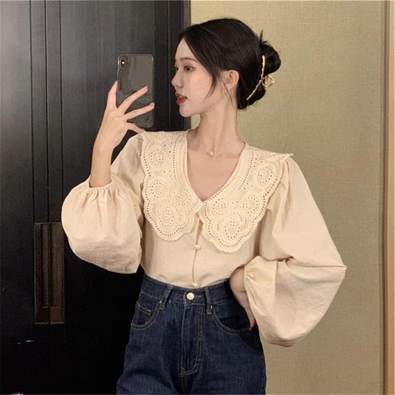 Long-Sleeve Eyelet Lace Collar Plain Blouse Product Image