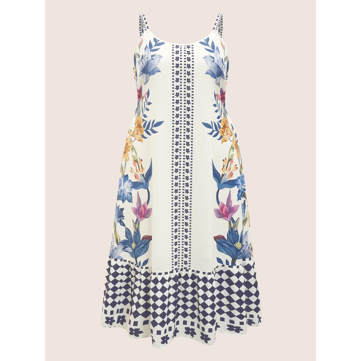 Plus Size Boho Print Patchwork Ruffle Hem Cami Dress White Women Resort Round Neck Sleeveless Curvy BloomChic 14-16/1X Product Image