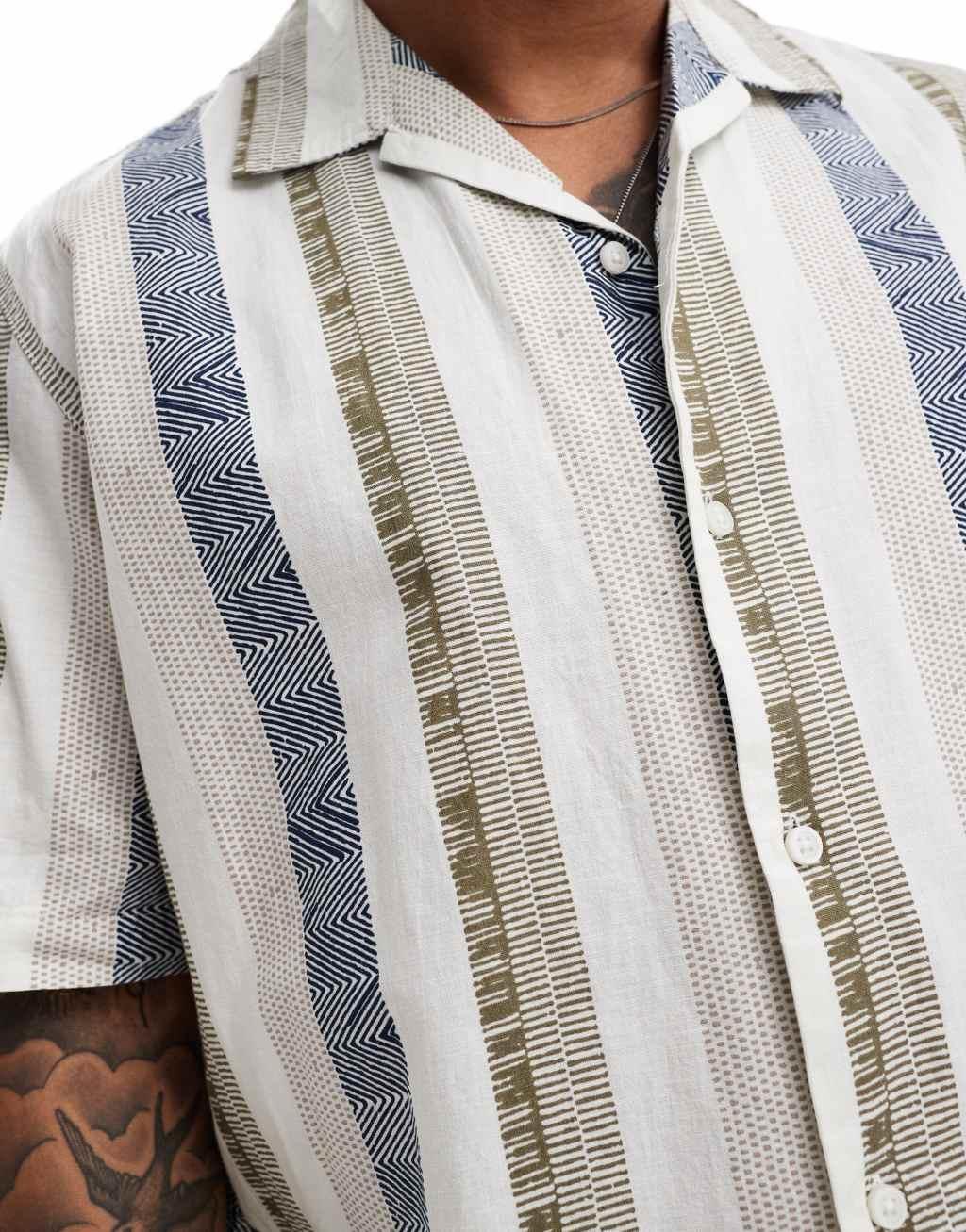 Selected Homme oversized linen mix camp collar shirt in printed stripe Product Image