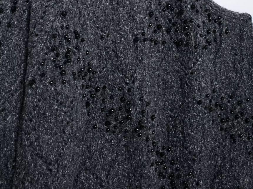 Mock Neck Cold-Shoulder Melange Beaded Sweater Product Image