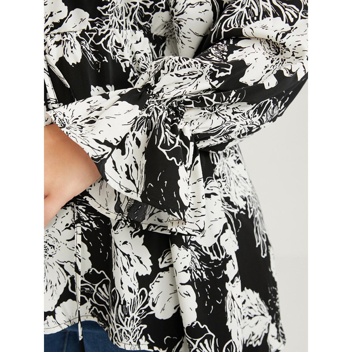 Plus Size Black Floral Lantern Sleeve Tie Up Asymmetrical Hem Wrap Blouse Women Elegant Long Sleeve V-neck Dailywear Blouses BloomChic 30/6X Product Image