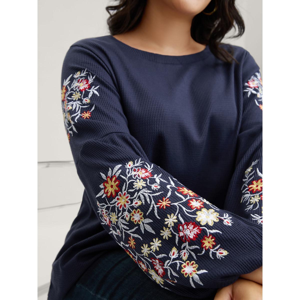 Plus Size Waffle Knit Floral Embroidered Lantern Sleeve T-shirt Indigo Women Elegant Texture Floral Round Neck Everyday T-shirts BloomChic 28/5X Product Image