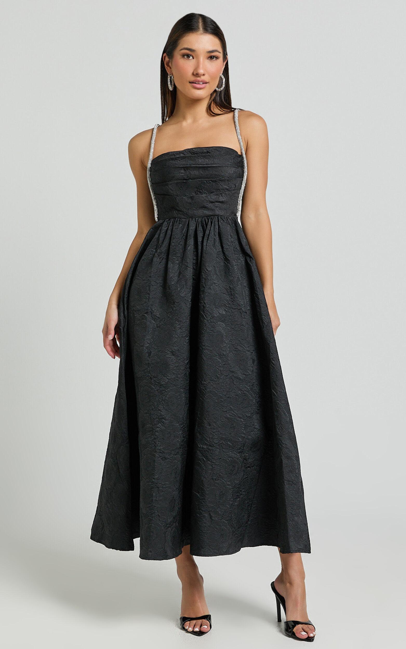 Alvia Midi Dress - Diamante Strap Ruched Straight Neck Dress in Black Product Image