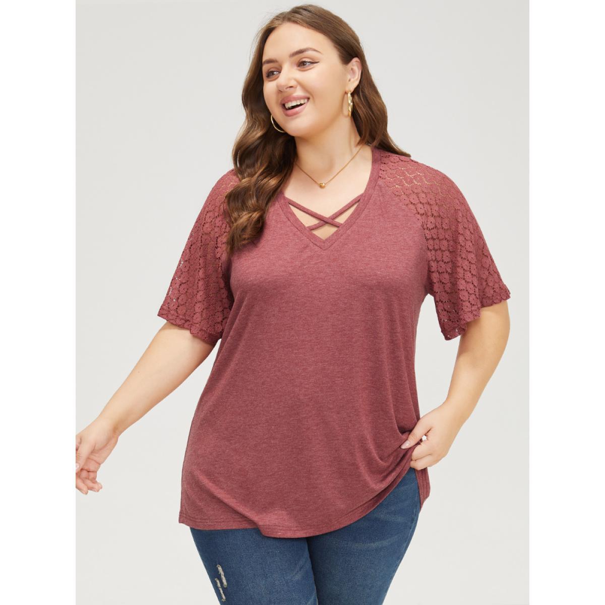 Plus Size Plain Lace Raglan Sleeve Heather Crisscross Neck T-shirt Russet Women Elegant Patchwork Plain V-neck Dailywear T-shirts BloomChic 30/6X Product Image