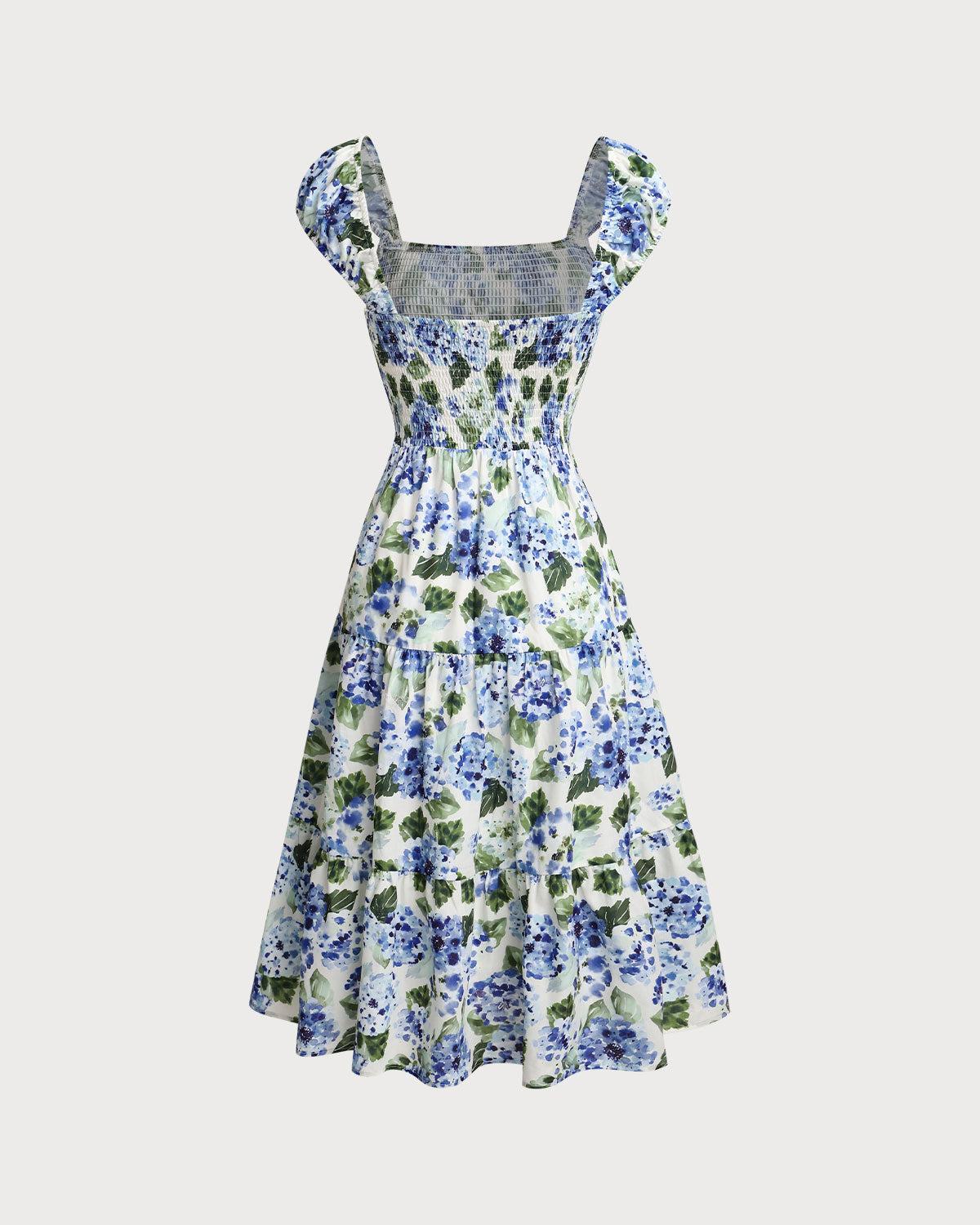 Blue Floral Square Neck Shirred Midi Dress Product Image