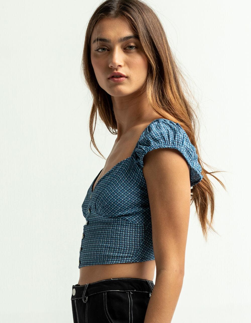 FULL TILT Button Front Womens Blue & Black Plaid Top - BLUE/BLACK Product Image
