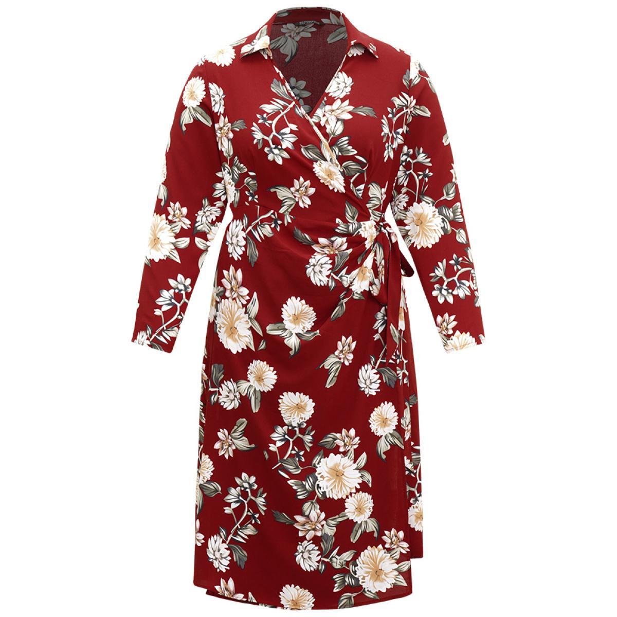 Plus Size Floral Print Knotted Shirt Collar Dress Scarlet Women Elegant Printed V-neck Long Sleeve Curvy Midi Dress BloomChic 30/6X Product Image