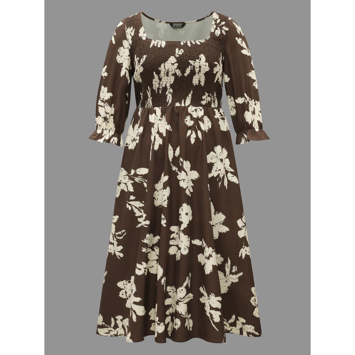 Plus Size Leaf Print Square Neck Ruffled Shirred Midi Dress Browncoffeecolor Women Elegant Shirred Square Neck Elbow-length sleeve Curvy BloomChic 12/L Product Image