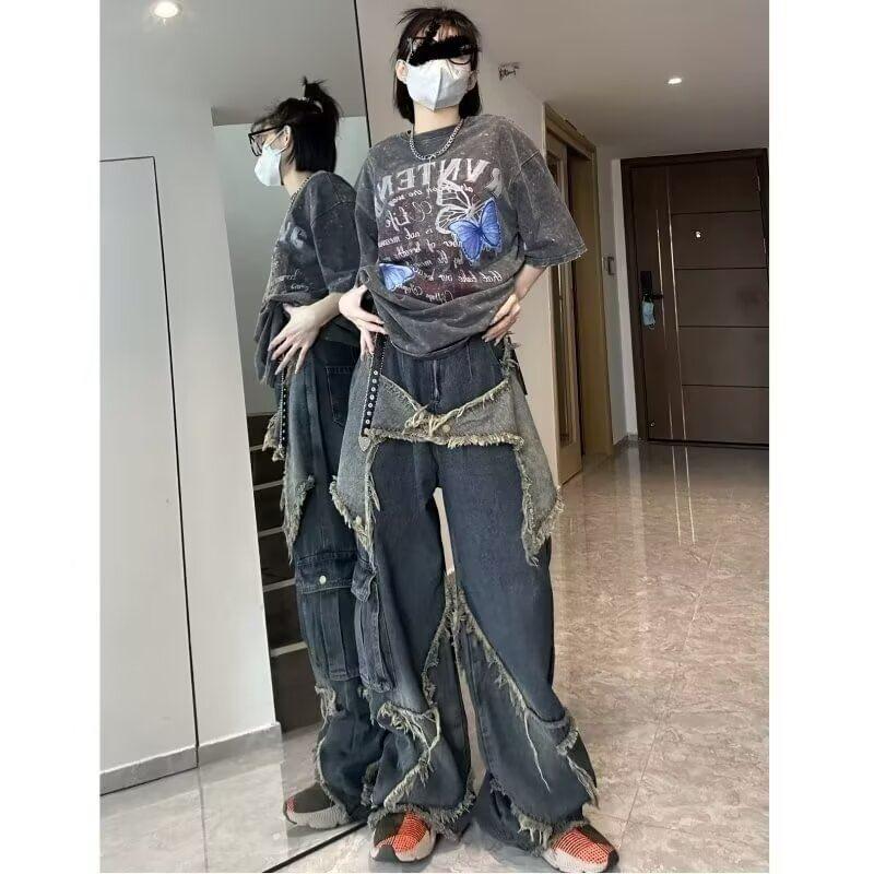 Mid Rise Washed Distressed Wide Leg Jeans Product Image