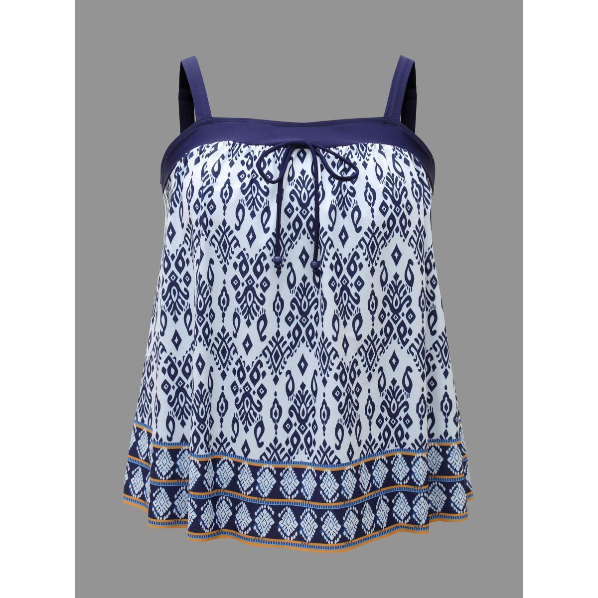 Plus Size Boho Print Ties Adjustable Straps Swim Top Women's Swimwear Indigo Beach Patchwork High stretch Bodycon Square Neck Curve Swim Tops BloomChic 14-16/1X Product Image