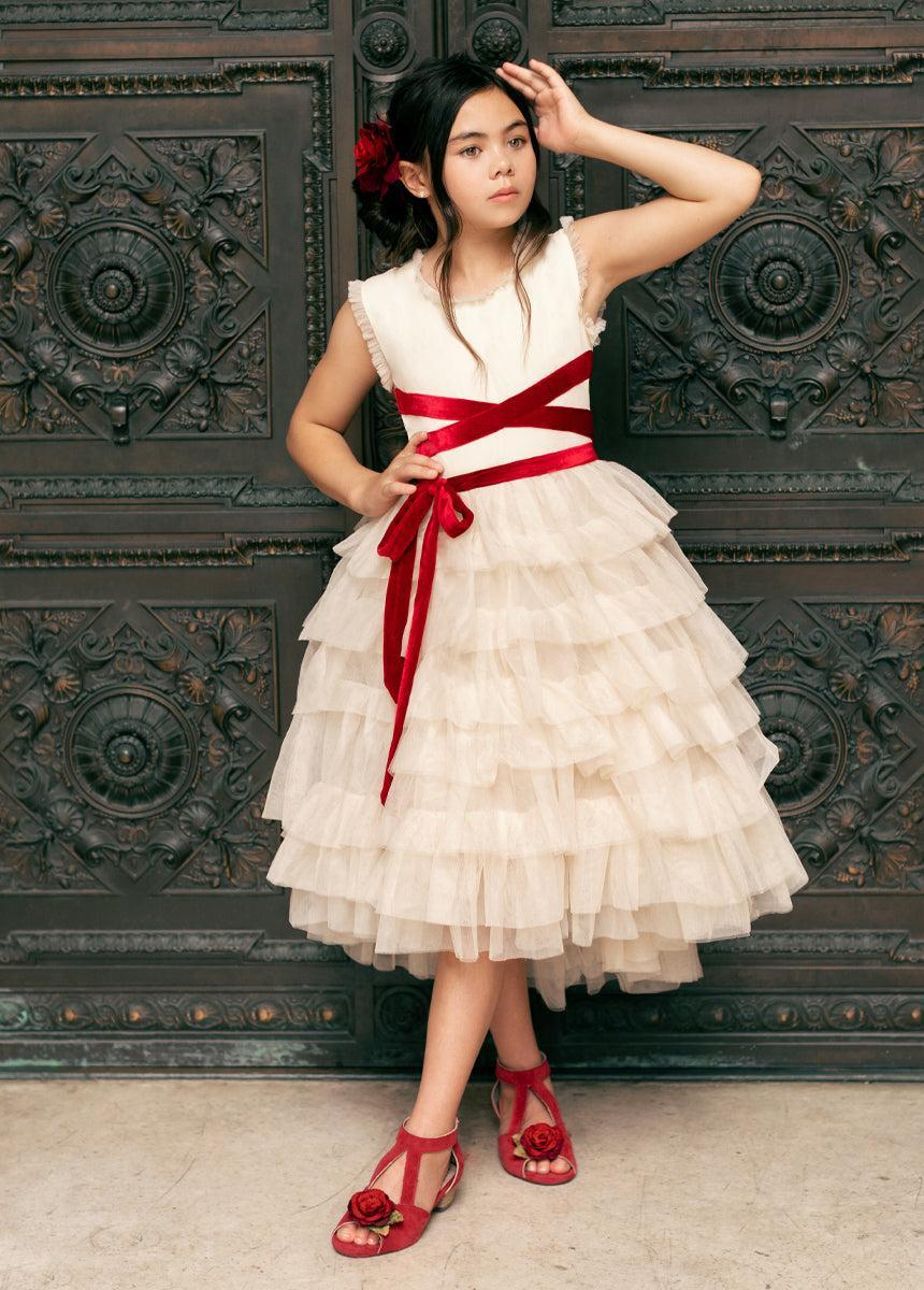 Geneva Petticoat Dress in Cream & Scarlet Girls Product Image
