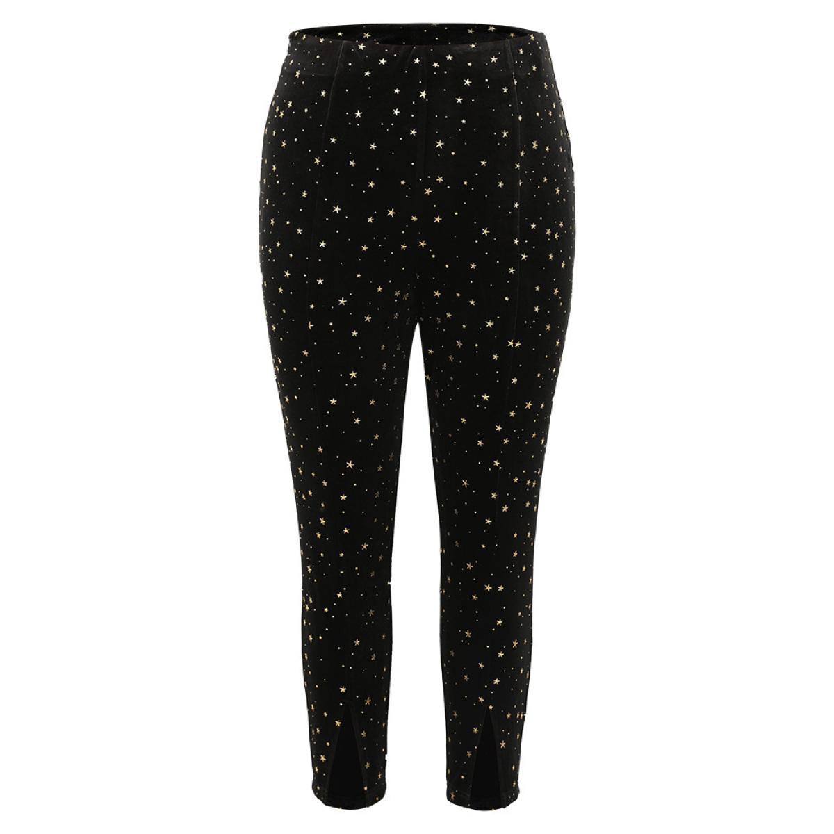 Plus Size Star Glitter Split Hem High Rise Skinny Leggings Women Black Glamour High stretch Skinny High Rise Party Leggings BloomChic 22-24/3X Product Image