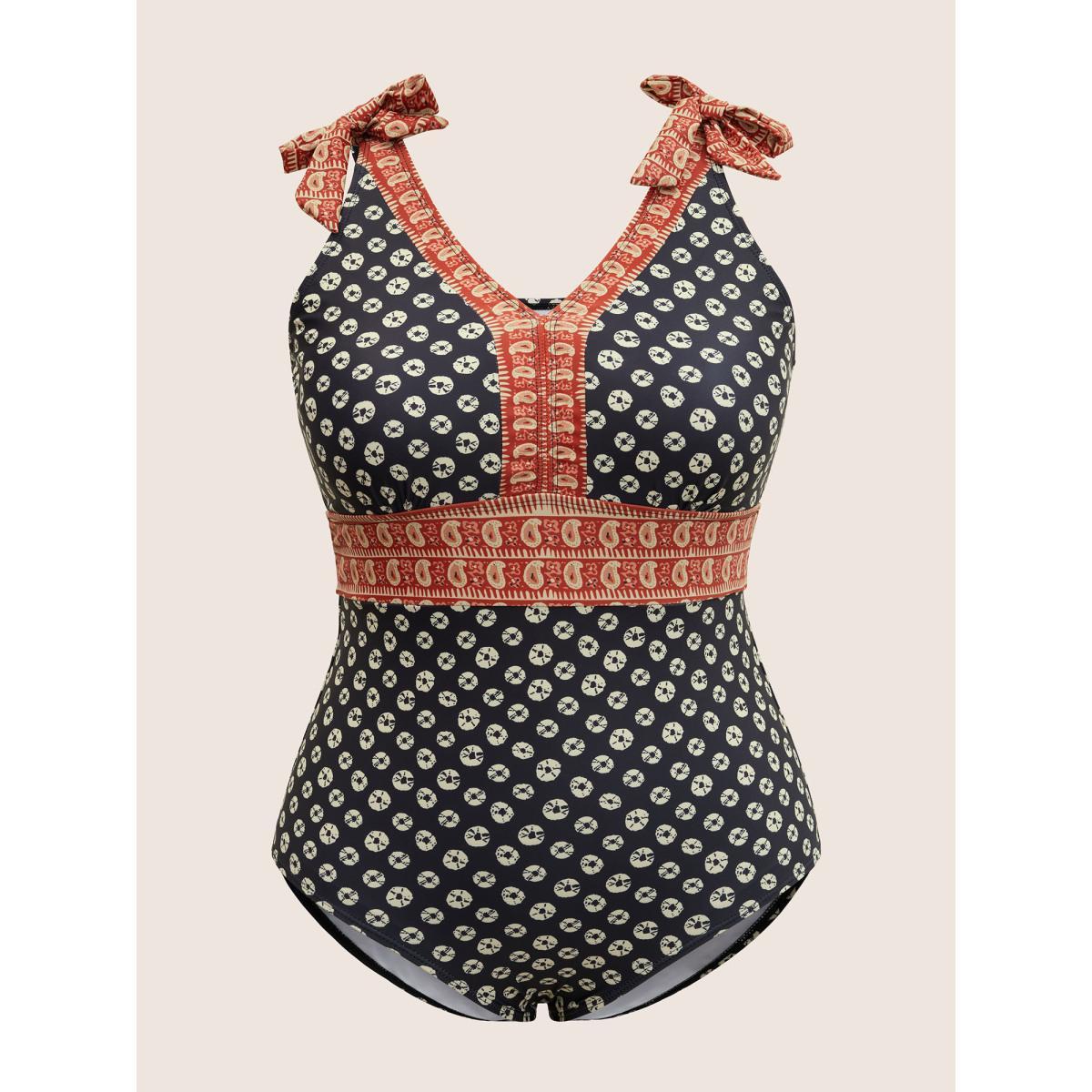 Plus Size Bandana Print Two Tone Knotted One Piece Swimsuit Women's Swimwear Black Beach Non Curve Bathing Suits No stretch One Pieces BloomChic 14-16/1X Product Image