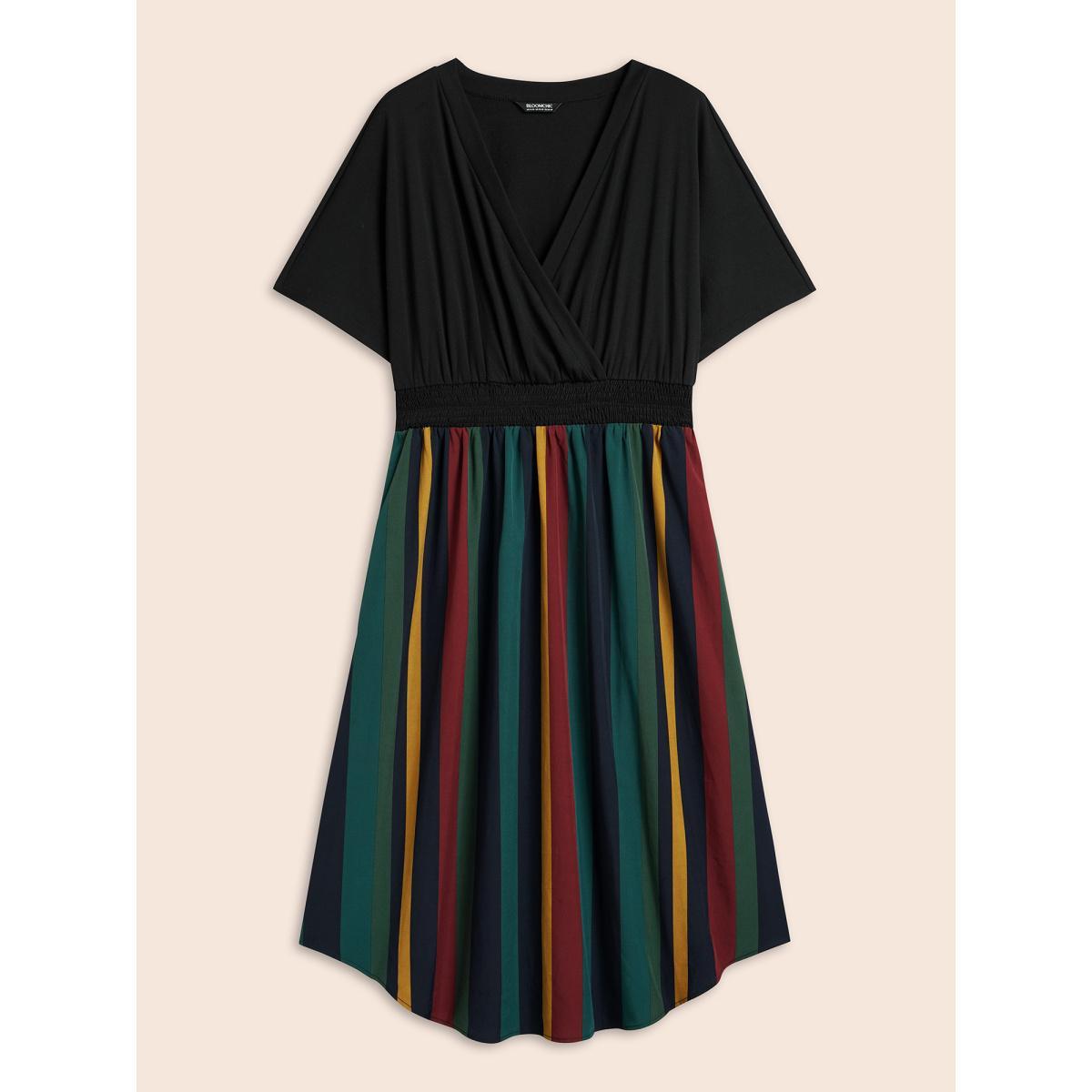 Plus Size Striped Overlap Collar Shirred Midi Dress Black Women Workwear Essentials Patchwork Overlap Collar Short sleeve Curvy BloomChic 22-24/3X Product Image