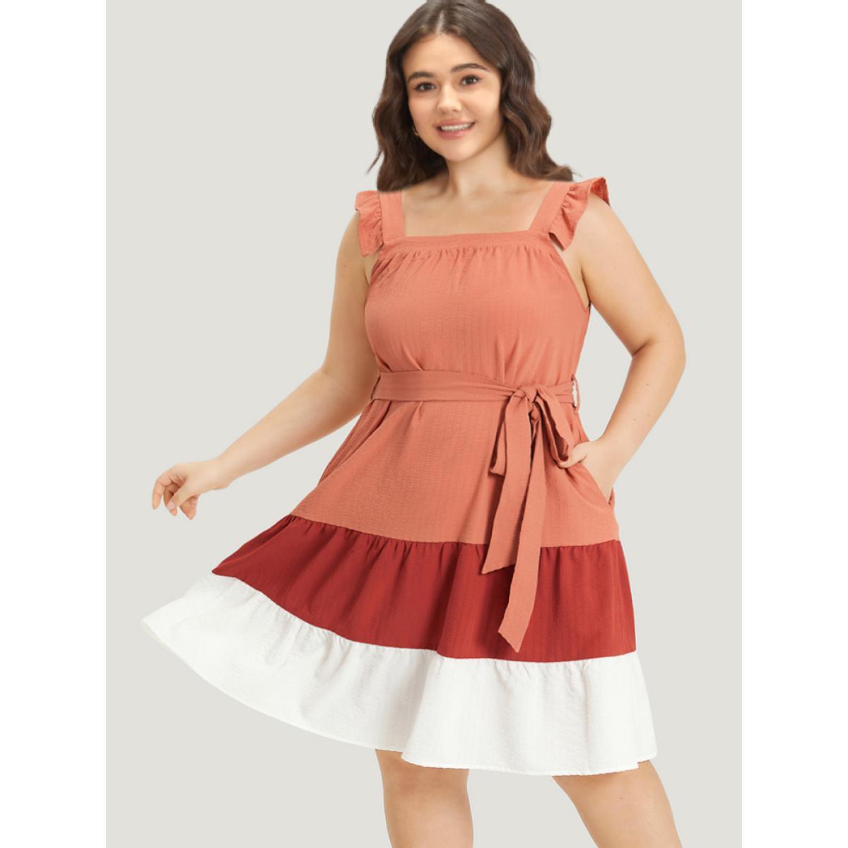 Plus Size Contrast Ruffles Pocket Belted Square Neck Cami Dress Russet Women Vacation Belted Square Neck Sleeveless Curvy Knee Dress BloomChic 18-20/2X Product Image