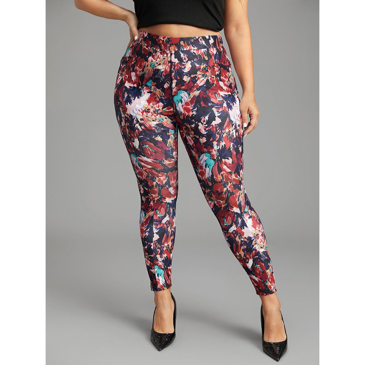 Plus Size Pixel Flower Pocket Elastic Waist High Rise Leggings Women Multicolor Casual High stretch Skinny High Rise Everyday Leggings BloomChic 14-16/1X Product Image