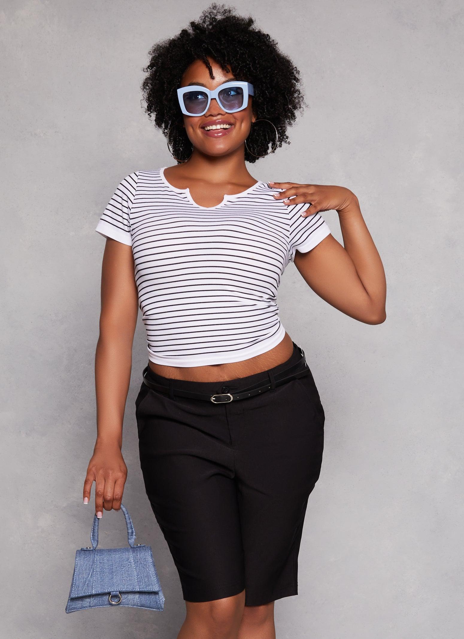 Womens Plus Size Seamless Striped Notch Neck Tee Product Image