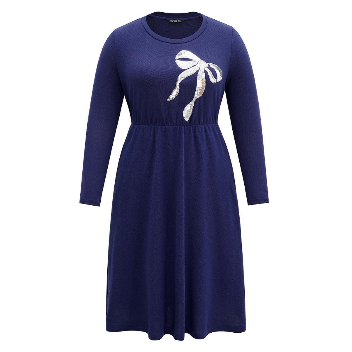 Plus Size Bowknot Sequin Pocket Crew Neck Dress DarkBlue Women Elegant Sequin Round Neck Long Sleeve Curvy Midi Dress BloomChic 10/M Product Image