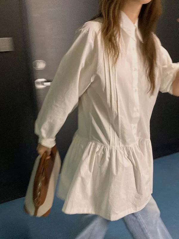 A-Line Long Sleeves Buttoned Pleated Solid Color Lapel Mini Dresses Shirt Dress Product Image