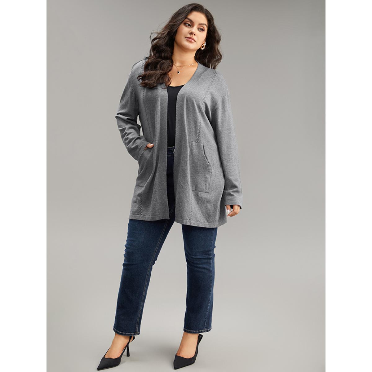 Plus Size Supersoft Essentials Solid Loose Patched Pocket Cardigan Gray Women Casual Loose Long Sleeve Everyday Cardigans BloomChic 14-16/1X Product Image