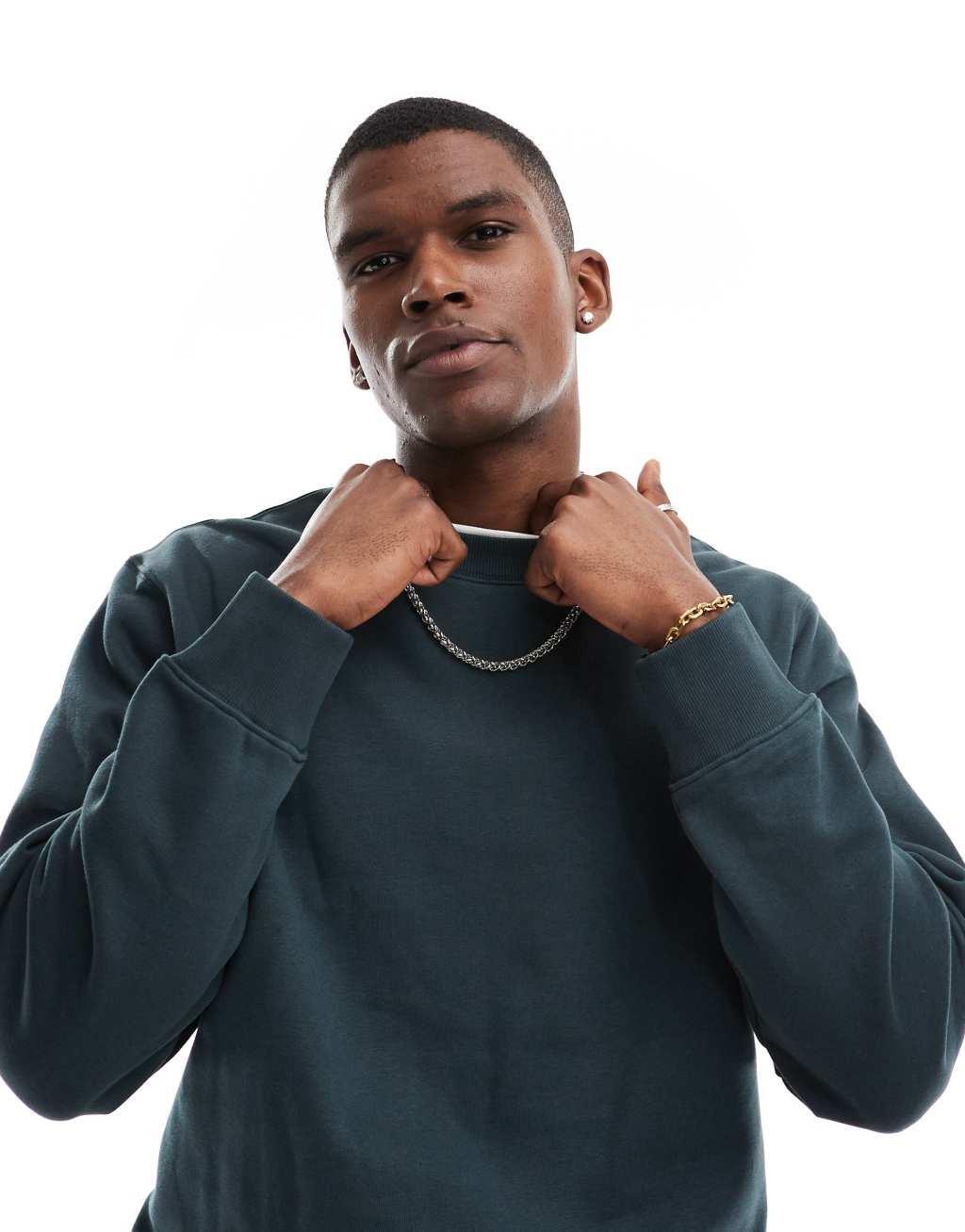 Jack & Jones oversized 400gsm heavyweight crew neck sweatshirt in dark green Product Image