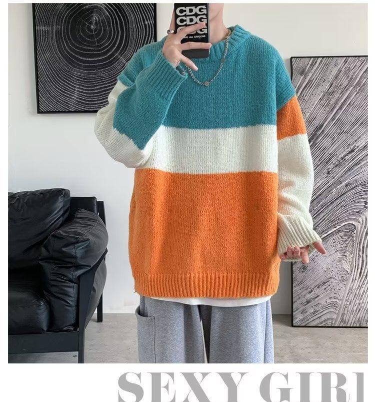 Crew Neck Color Block Oversized Sweater Product Image